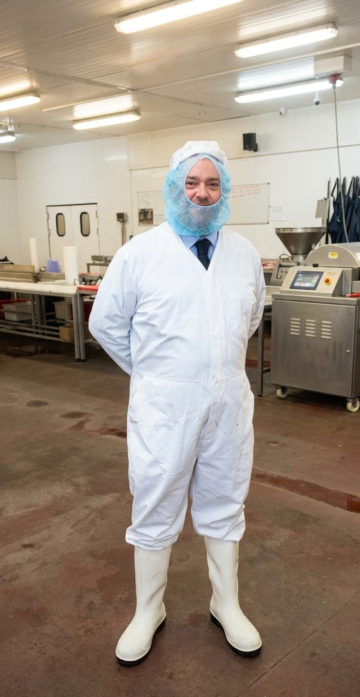Jack Croft in full protective whites on the Swandean cutting room floor